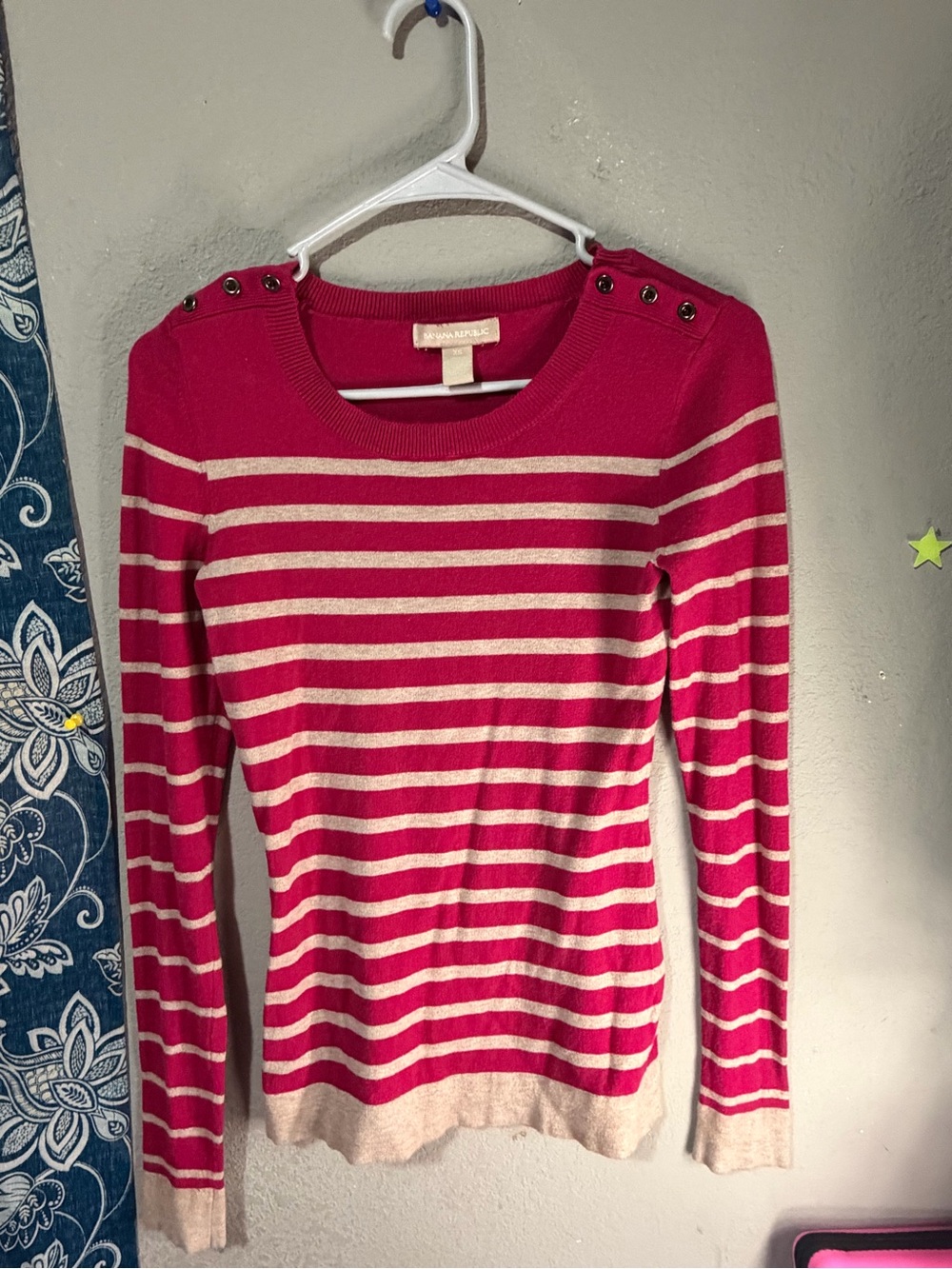 Striped Pink and Cream Button-Shoulder Women's Sweater